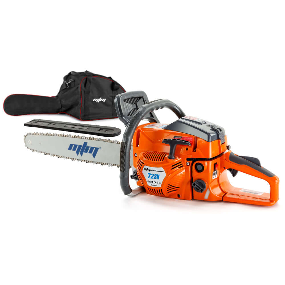 MTM 72SX petrol chainsaw with 22-inch bar, perfect for DIY tree pruning and firewood cutting; affordable quality tool.