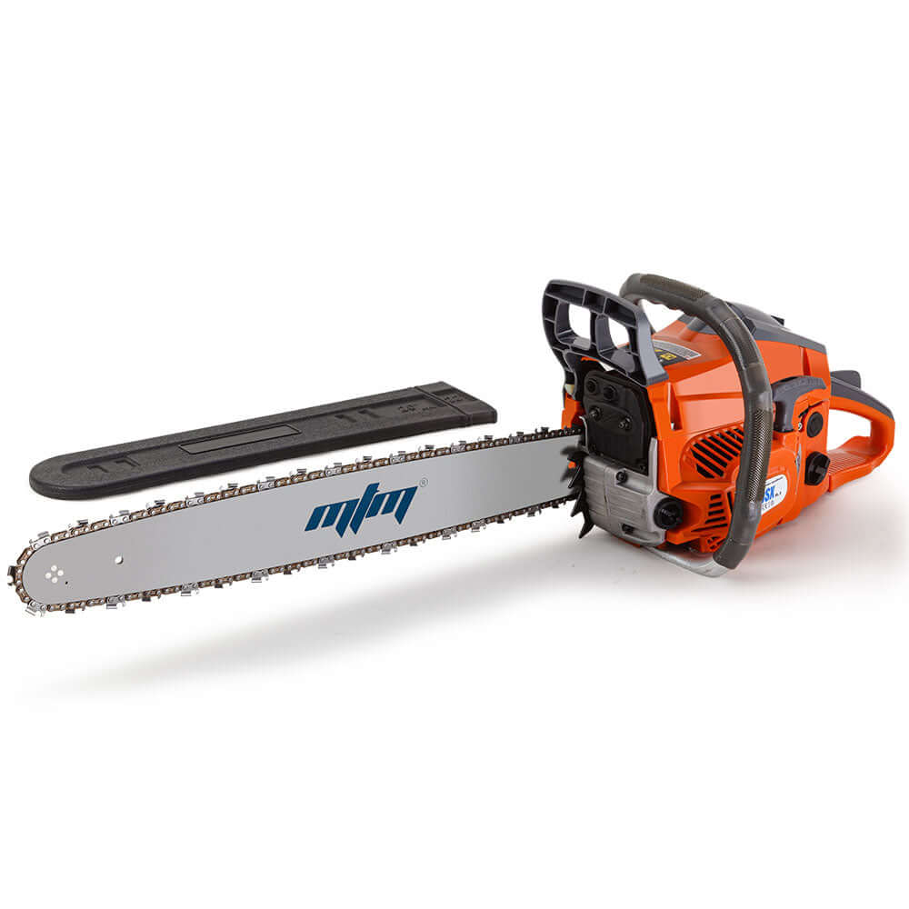 MTM Chainsaw Petrol Commercial E-Start with 20-inch bar, ideal for affordable DIY tree pruning and firewood cutting.