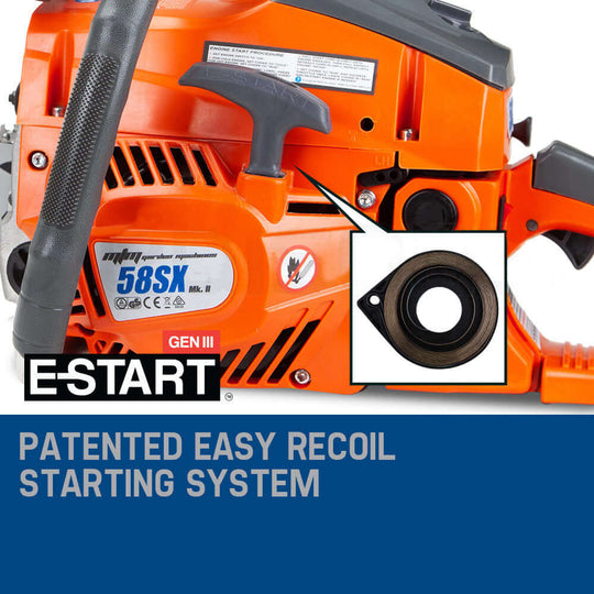 MTM 58SX Chainsaw with patented easy recoil starting system for efficient tree pruning and firewood cutting.