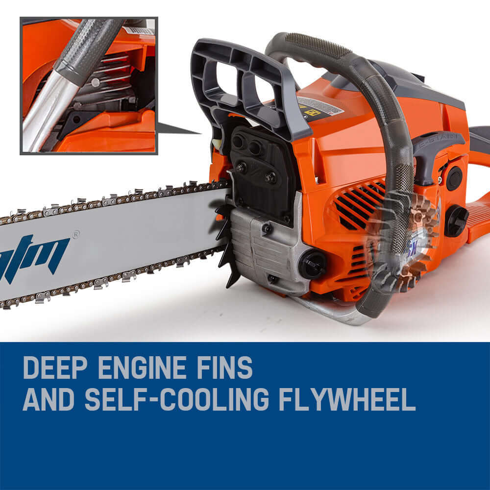 MTM Chainsaw showcasing deep engine fins and self-cooling flywheel for optimal performance and durability.