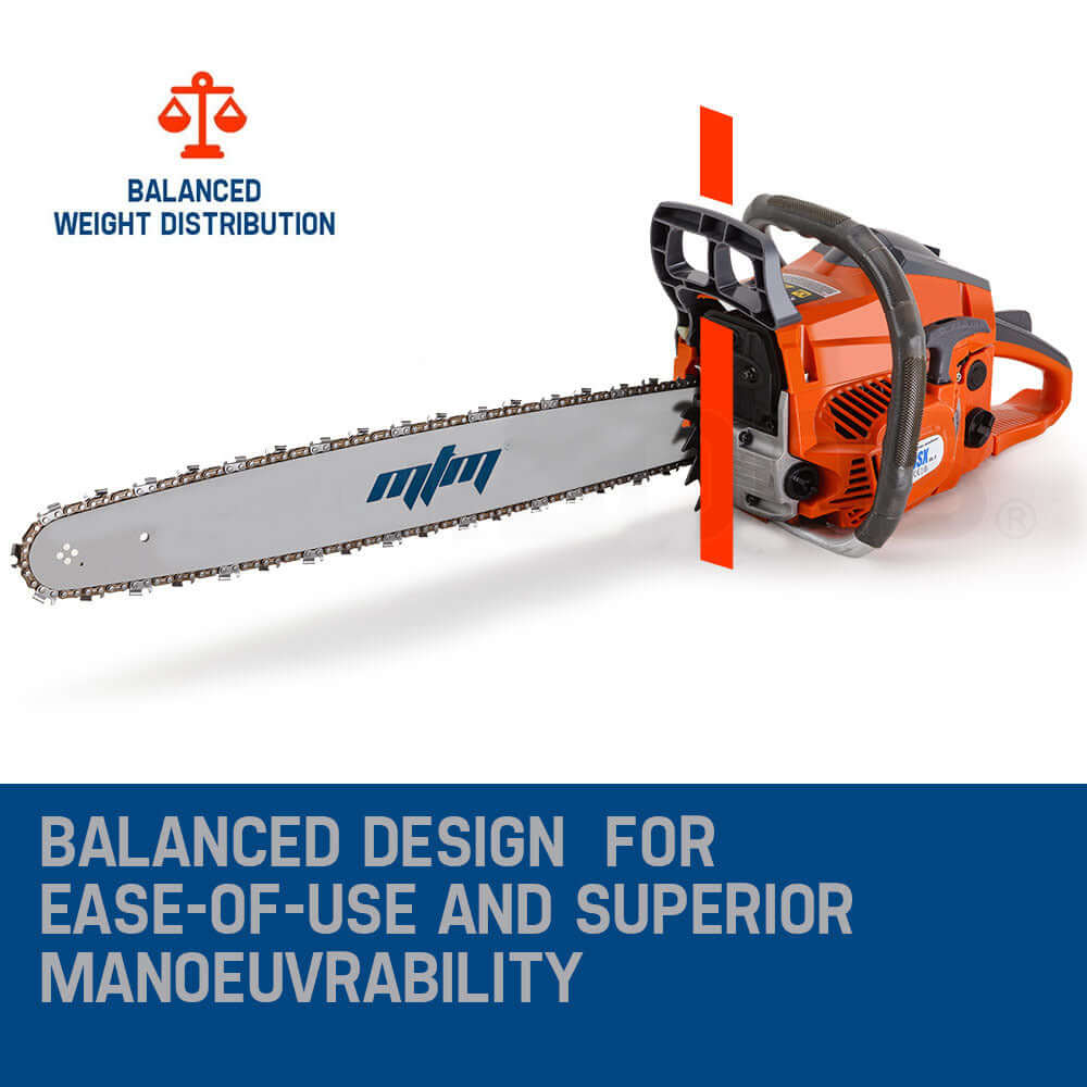 MTM 58SX Mark II Chainsaw showcasing balanced design for easy handling and superior maneuverability in tree pruning, DIY projects.