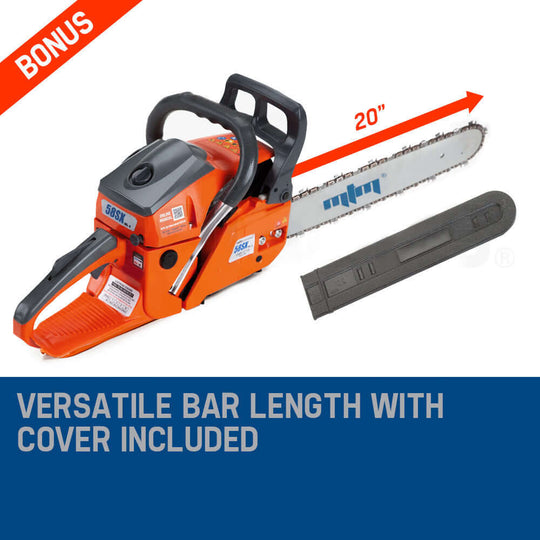 MTM 58SX Mark II Chainsaw with 20-inch bar, includes cover, ideal for affordable DIY tree pruning.