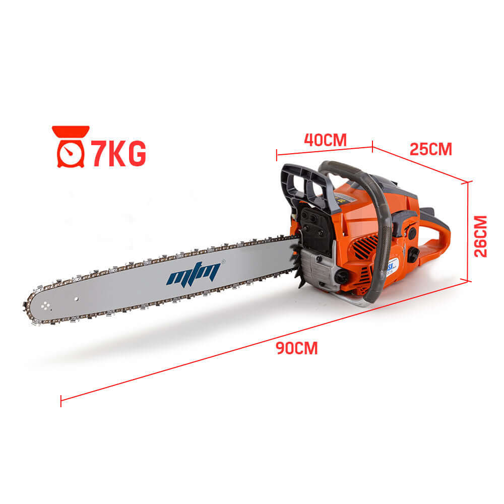 MTM 58SX Chainsaw with 20 Bar, ideal for DIY tree pruning, sturdy and affordable, weighing 7kg, dimensions 90cm x 40cm.