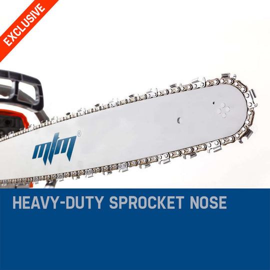 MTM chainsaw heavy-duty sprocket nose for efficient tree pruning and wood cutting, ideal for affordable DIY projects.