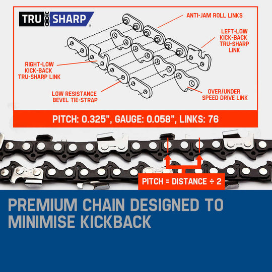 Tru-Sharp premium chainsaw chain designed to minimize kickback, featuring detailed specifications for optimal performance.