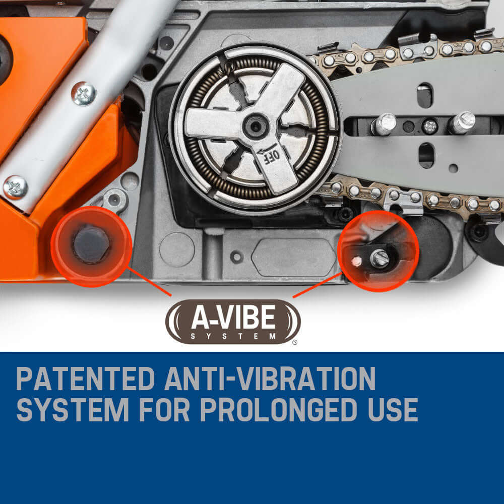 MTM chainsaw featuring A-Vibe patented anti-vibration system for durability during prolonged use.