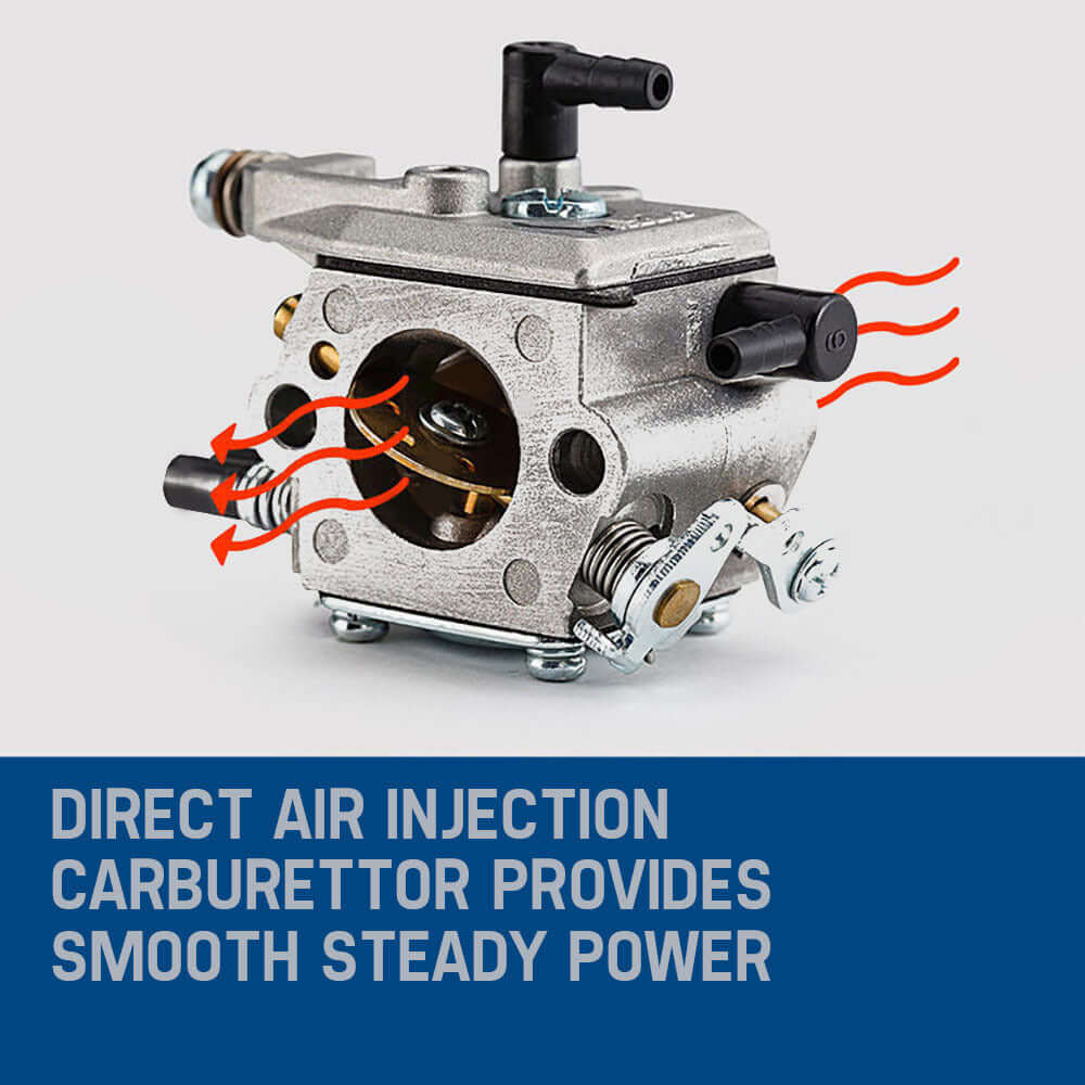 Direct air injection carburettor image showcasing smooth, steady power for MTM chainsaw performance.