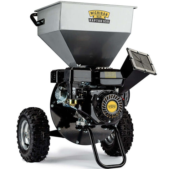 Michigan Raptor 950 wood chipper shredder with 212cc engine, portable design for DIY landscaping and debris mulching.