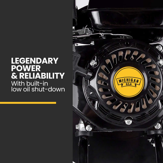 Michigan engine showcasing legendary power and reliability with low oil shut-down feature.