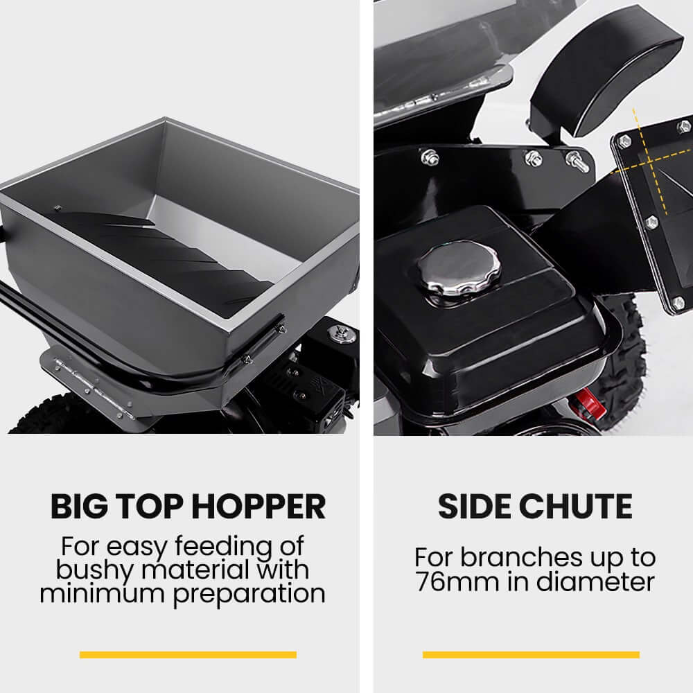 Michigan Raptor 950 wood chipper features big top hopper for easy feeding and side chute for branches up to 76mm.