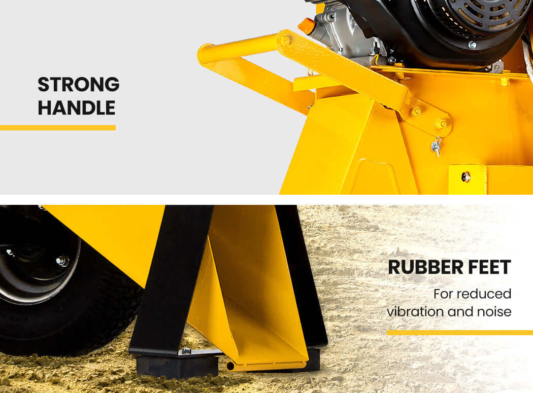 Strong handle and rubber feet of the Michigan RAVENGER 1750 wood chipper reduce vibration and noise for quality performance.