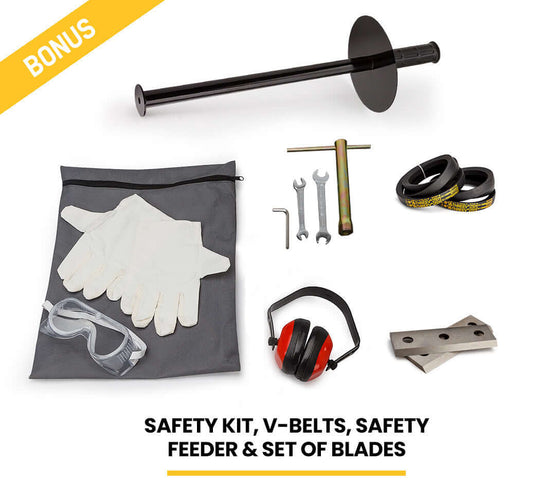 Safety kit including gloves, goggles, ear protection, tools, V-belts, safety feeder, and blades for wood chipper.