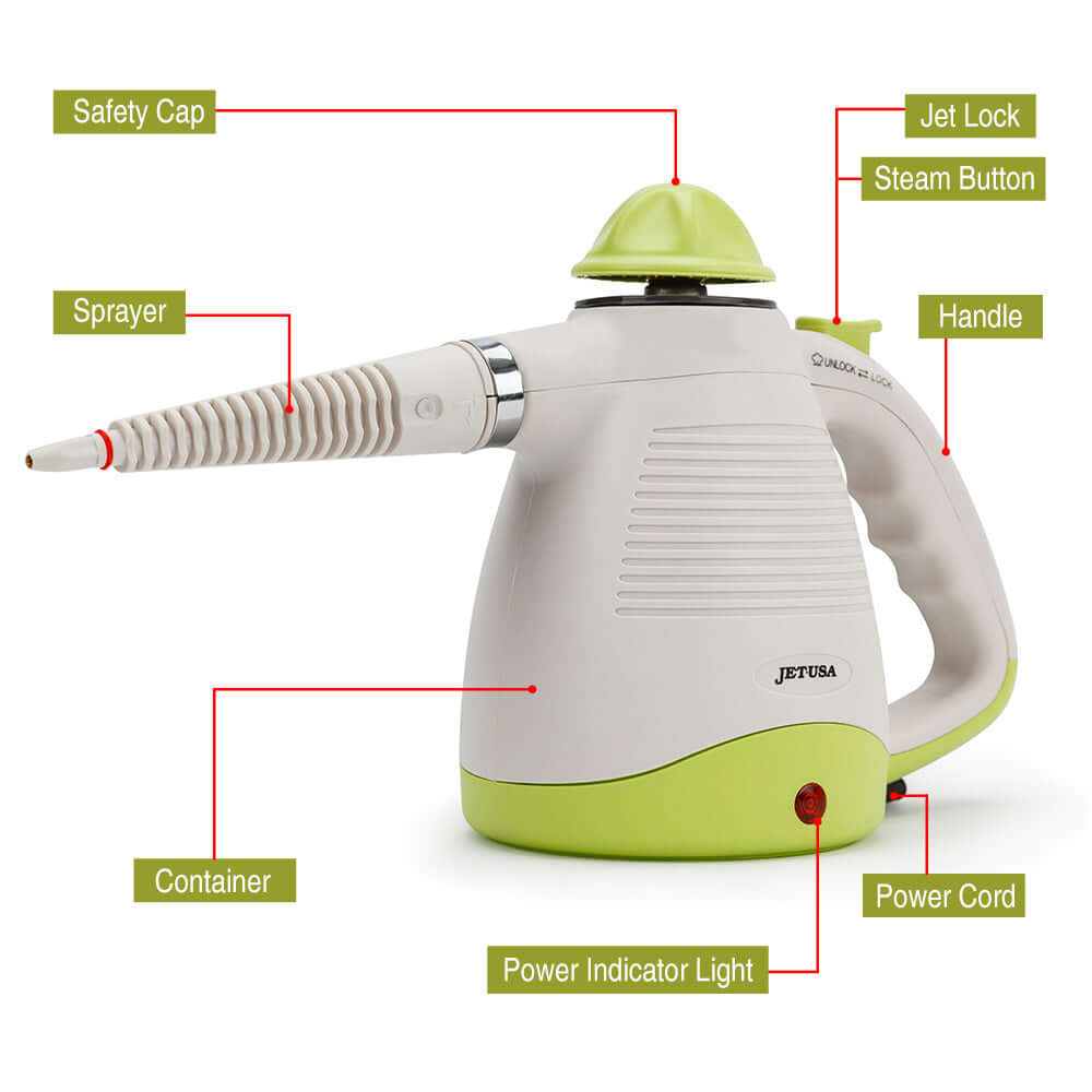 JET-USA Portable Steam Cleaner with safety cap, sprayer, handle, and power indicator light for effective cleaning.