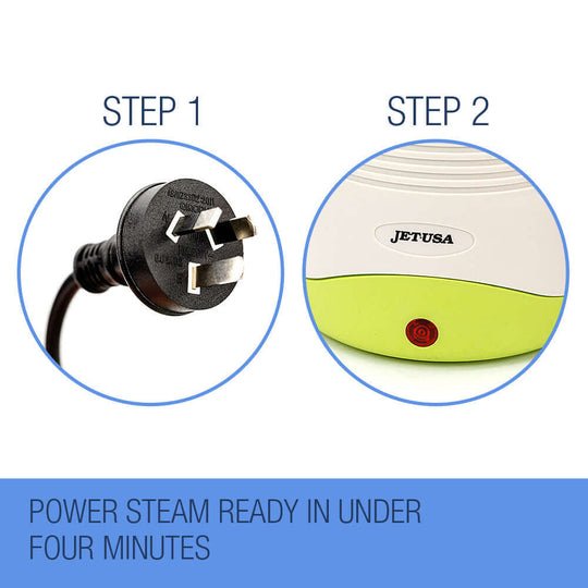 Steps to use JET-USA Portable Steam Cleaner, plug in and ready in under four minutes for efficient cleaning.