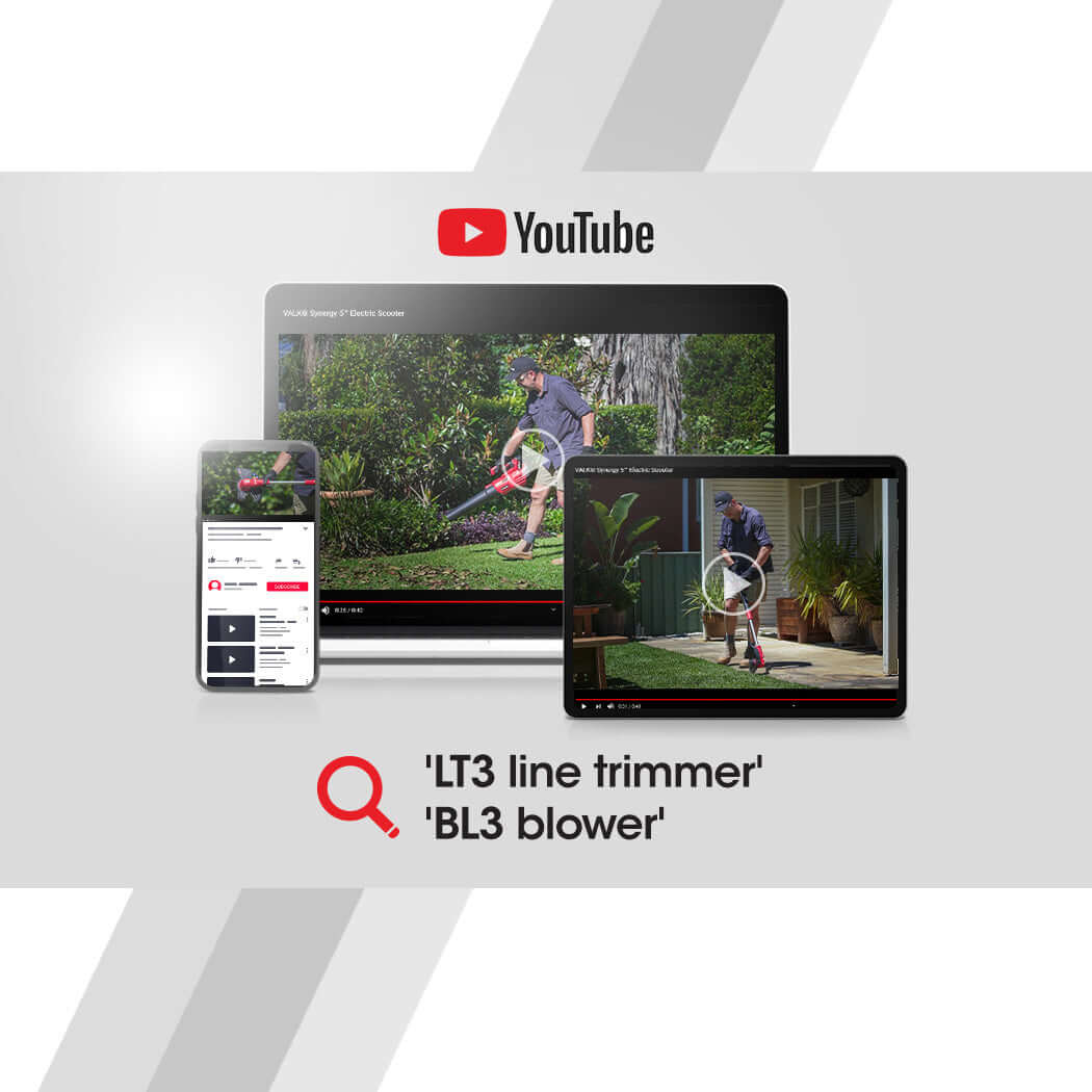 YouTube display for LT3 line trimmer and BL3 blower video tutorials on various devices