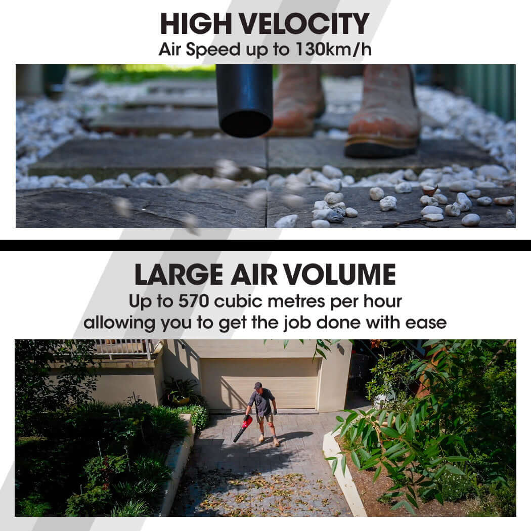 High velocity and large air volume specs for Baumr-AG cordless leaf blower, showing ease of yard maintenance.