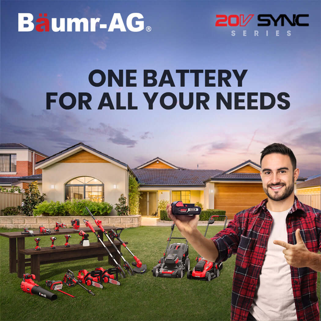 Baumr-AG 20V SYNC battery powering versatile garden tools for affordable DIY maintenance.