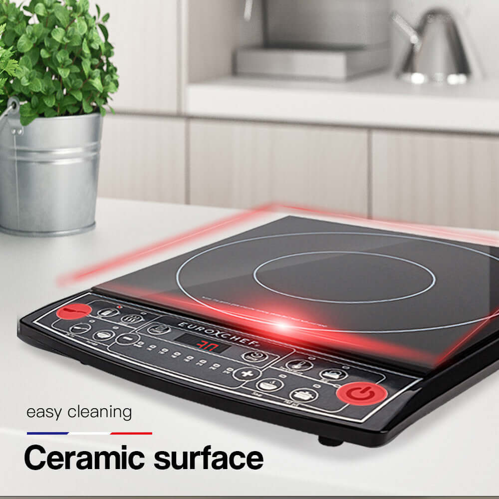 EuroChef Electric Induction Cooktop with easy-clean ceramic surface and intuitive controls, ideal for affordable luxury cooking.