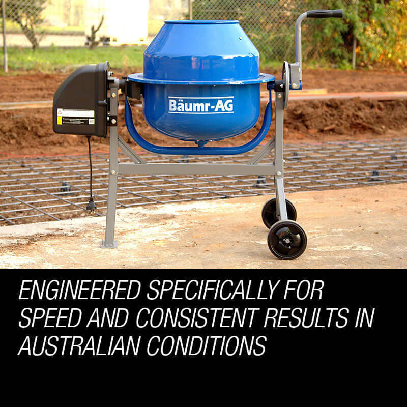 Baumr-AG 70L electric cement mixer designed for speed and consistency in Australian conditions.