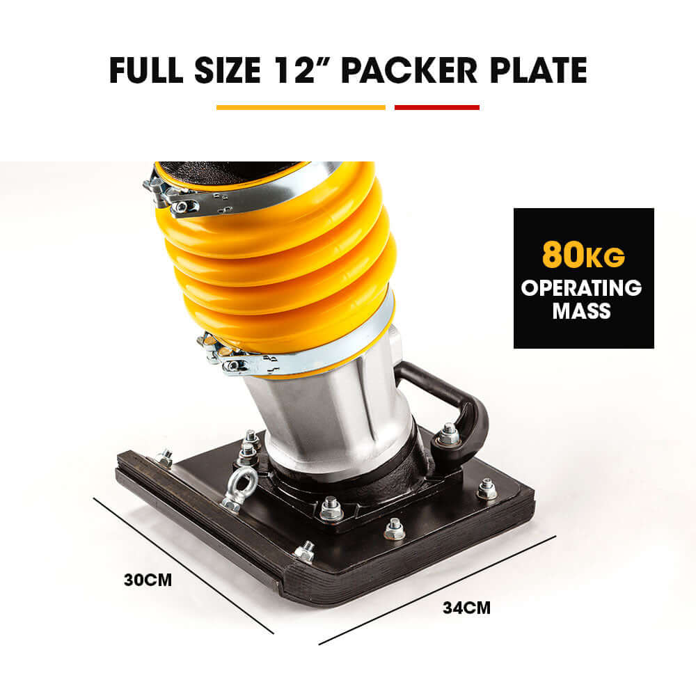 Baumr-AG 12-inch packer plate with 80kg mass, designed for efficient compaction in construction projects.