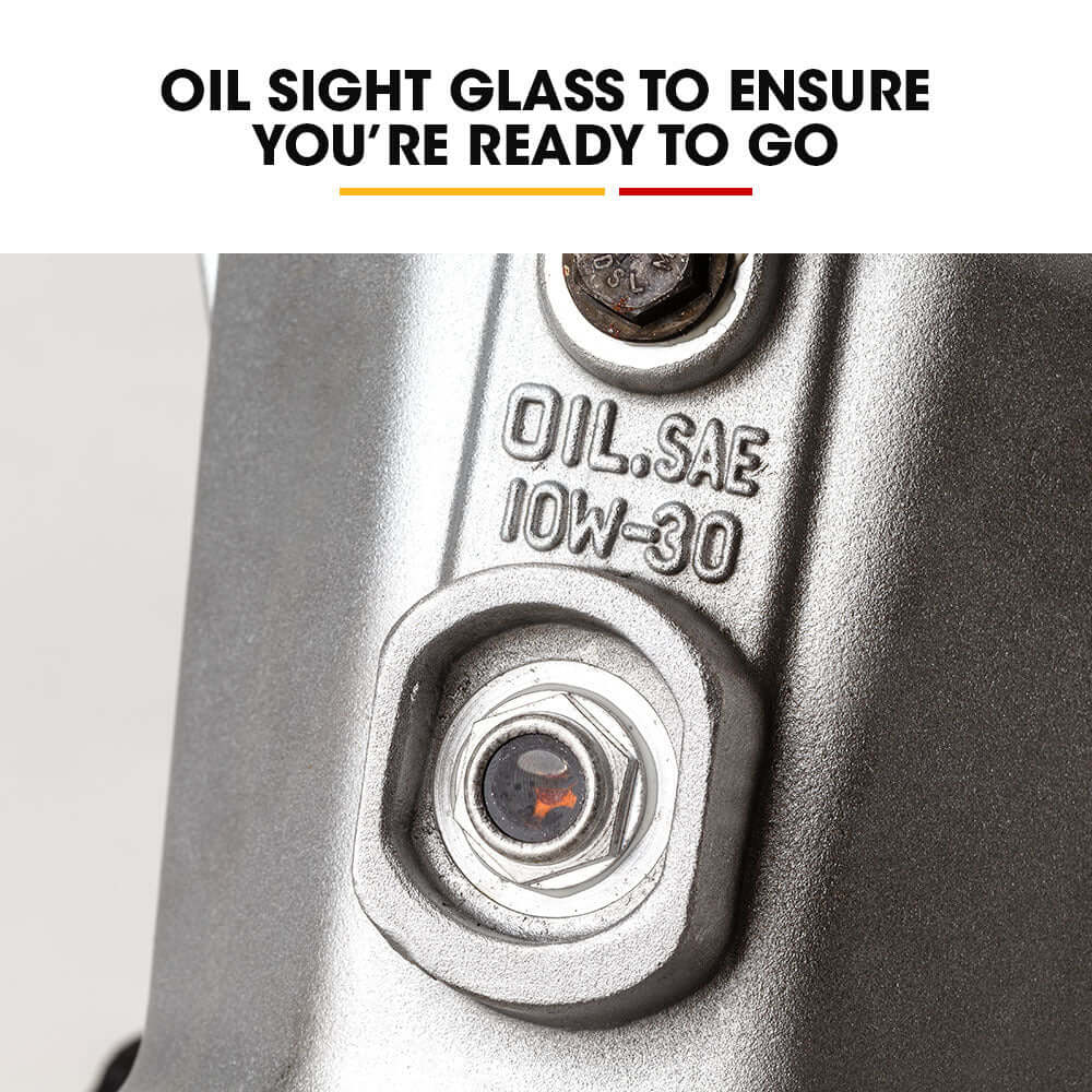 Close-up of oil sight glass with 10W-30 indication for ready-to-go performance.