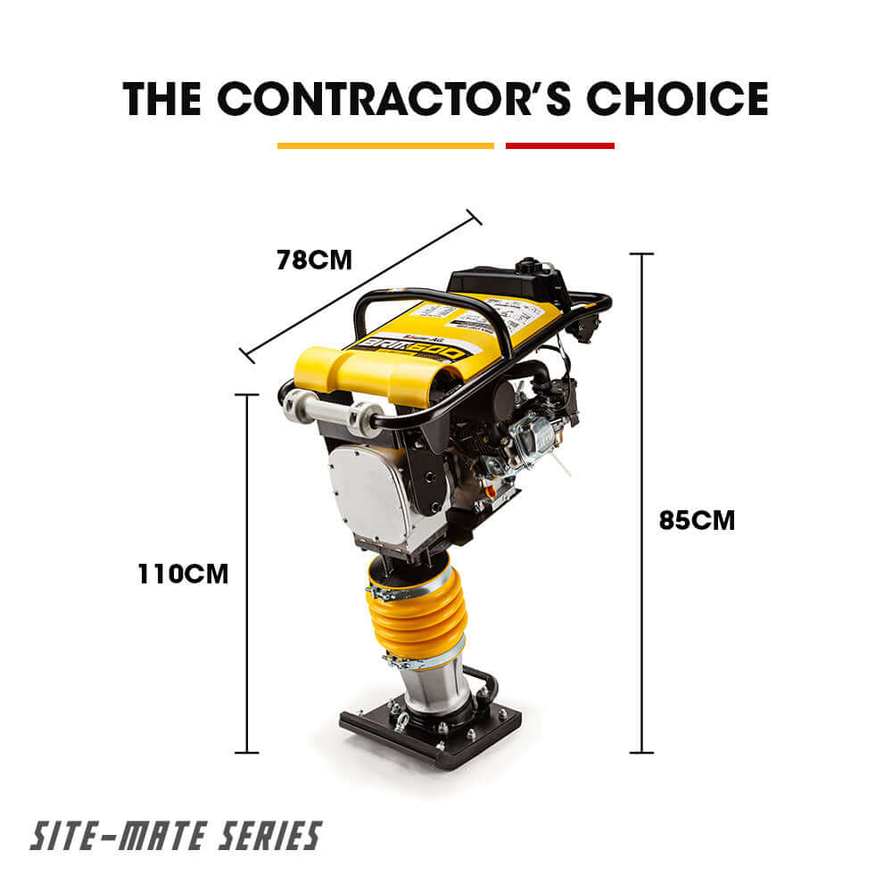 Baumr-AG 80kg Tamper Rammer Compactor dimensions chart for contractors, affordable DIY quality tool.