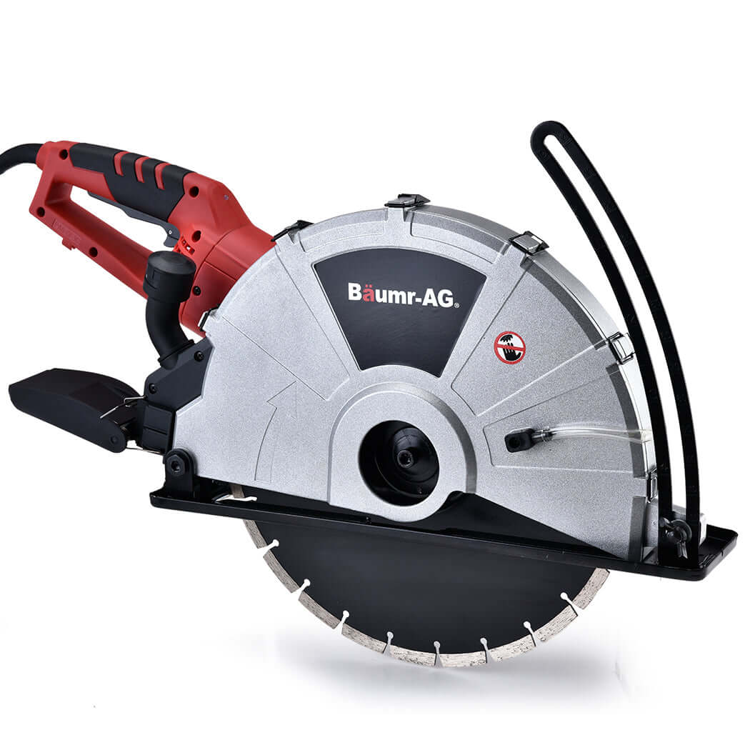 BAUMR-AG 2400W Electric Concrete Saw with 355mm blade for efficient wet and dry cutting, ideal for DIY and professionals.