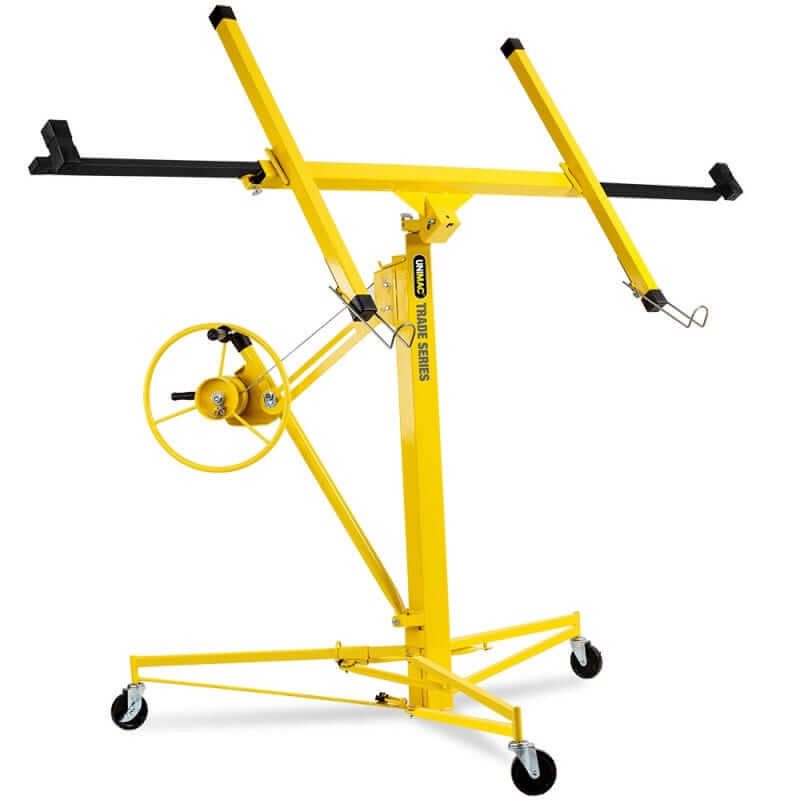 Unimac 11ft drywall panel lifter in yellow, ideal for DIY ceiling and wall construction, supports 68kgs panels.