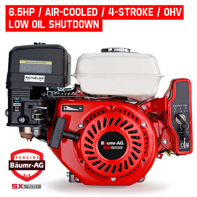 Baumr-AG 6.5HP petrol engine with air-cooled 4-stroke design and low oil shutdown, ideal for DIY and agricultural applications.