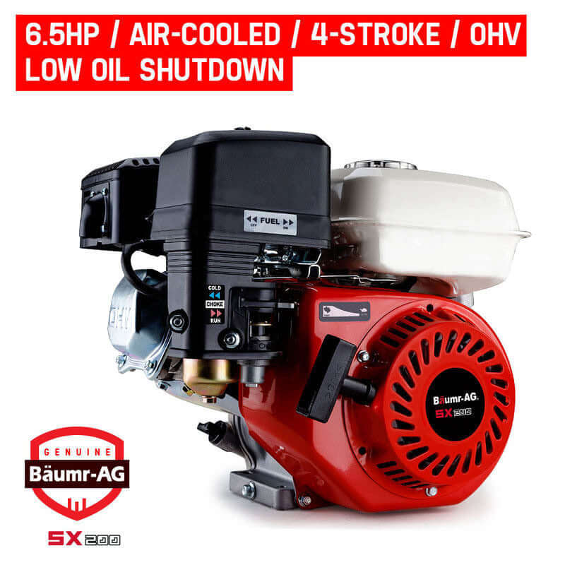 Baumr-AG 6.5HP petrol stationary engine motor, air-cooled, 4-stroke, OHV with low oil shutdown, designed for DIY and agricultural use.