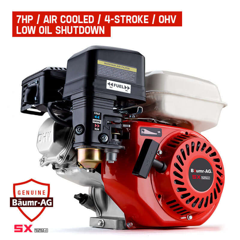 Baumr-AG 7HP air cooled 4-stroke OHV engine with low oil shutdown for DIY, quality, and affordable performance.