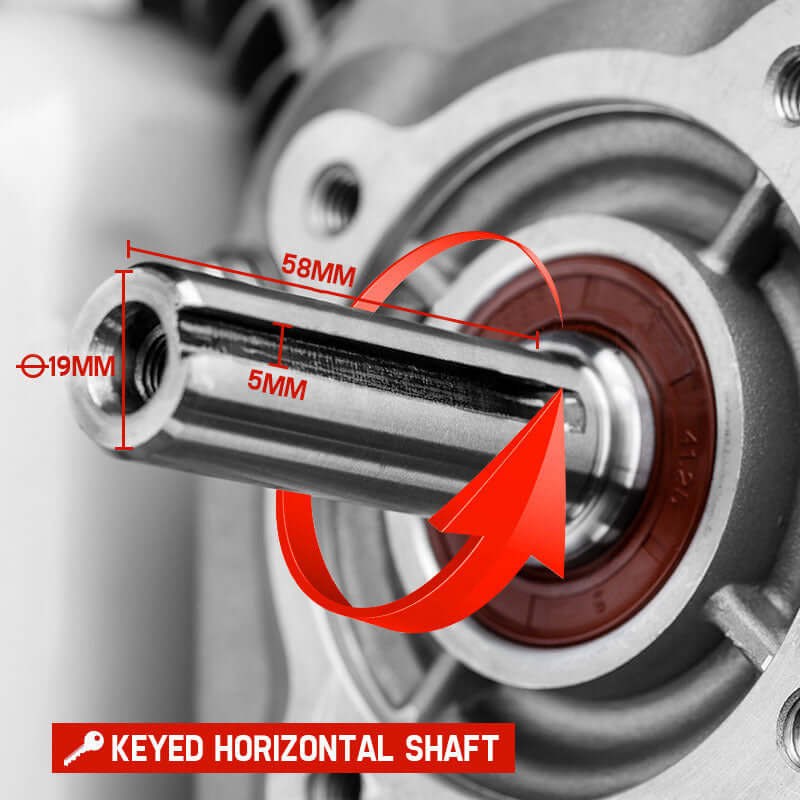 Close-up of a keyed horizontal shaft with measurements, showcasing quality and precision in engineering for engines.