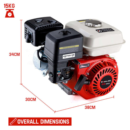 Baumr-AG 7HP 4-Stroke petrol engine with overall dimensions labeled for easy reference. Affordable, quality replacement motor.