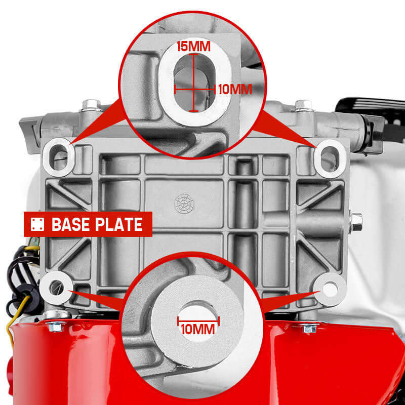 Close-up of Baumr-AG petrol engine base plate showing 15mm and 10mm mounting holes for DIY engine replacements.