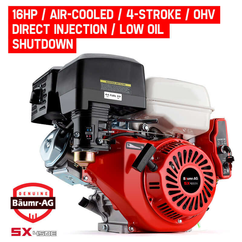 Baumr-AG 16HP petrol engine, air-cooled, 4-stroke with direct injection and low oil shutdown for DIY and industrial use.