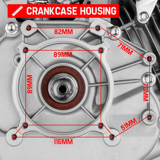 Detailed image of crankcase housing with measurements, showcasing precision engineering for quality and durability in engines.