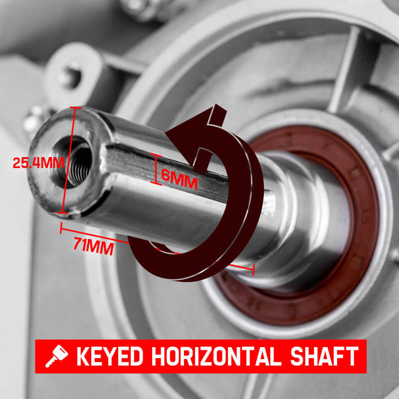 Close-up of a keyed horizontal shaft, showing dimensions 71mm, 25.4mm, and 6mm, ideal for various DIY and industrial applications.