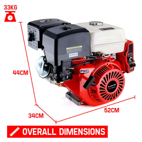 Baumr-AG 16HP petrol engine showing dimensions 44CM height, 34CM width, 52CM length, weight 33KG for various applications.