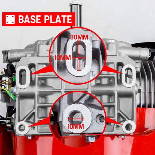 Close-up of Baumr-AG stationary engine base plate with dimension markings for installation and compatibility.