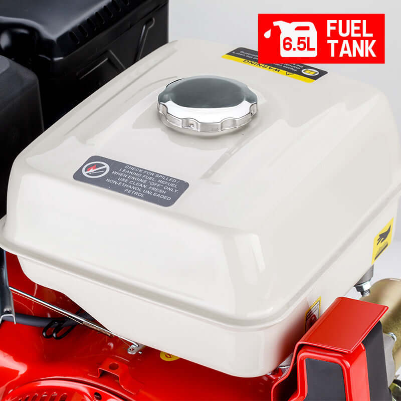 Baumr-AG 6.5L fuel tank of 16HP stationary engine with clear cap for easy filling, ideal for DIY and industrial use.