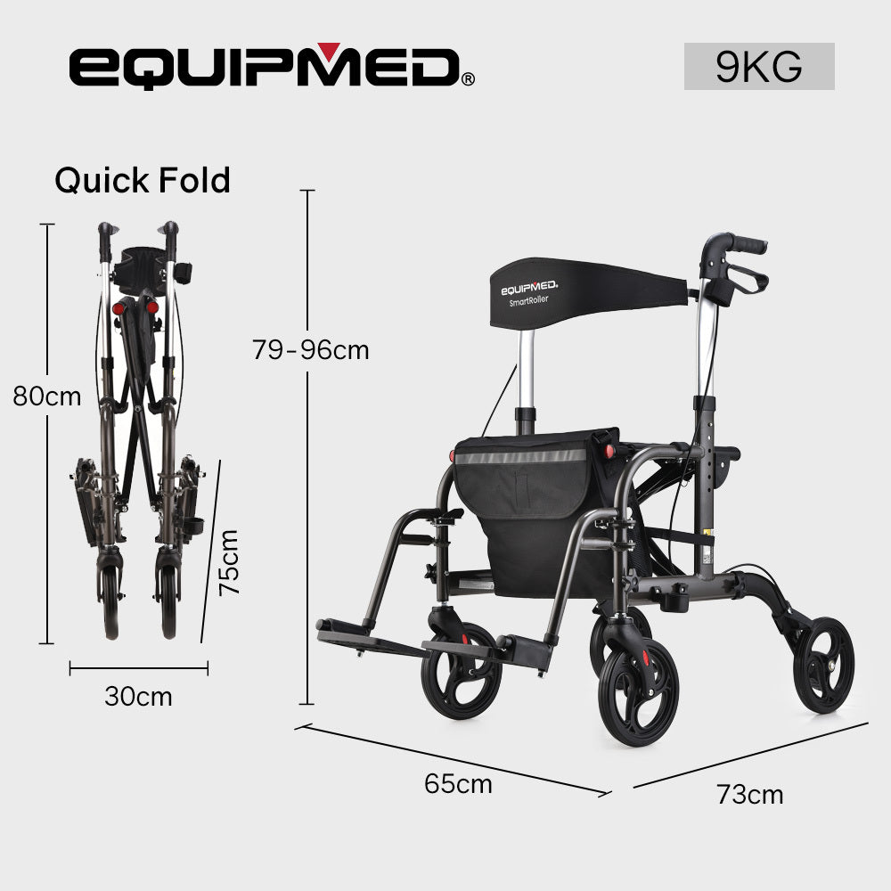 EQUIPMED โครงเดินพับได้ 2-in-1 พร้อมกระเป๋า รถเข็นช่วยเดินและรถเข็นสำหรับเดินทาง สีไททาเนียม