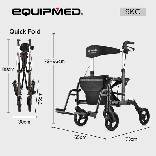 EQUIPMED โครงเดินพับได้ 2-in-1 พร้อมกระเป๋า รถเข็นช่วยเดินและรถเข็นสำหรับเดินทาง สีไททาเนียม