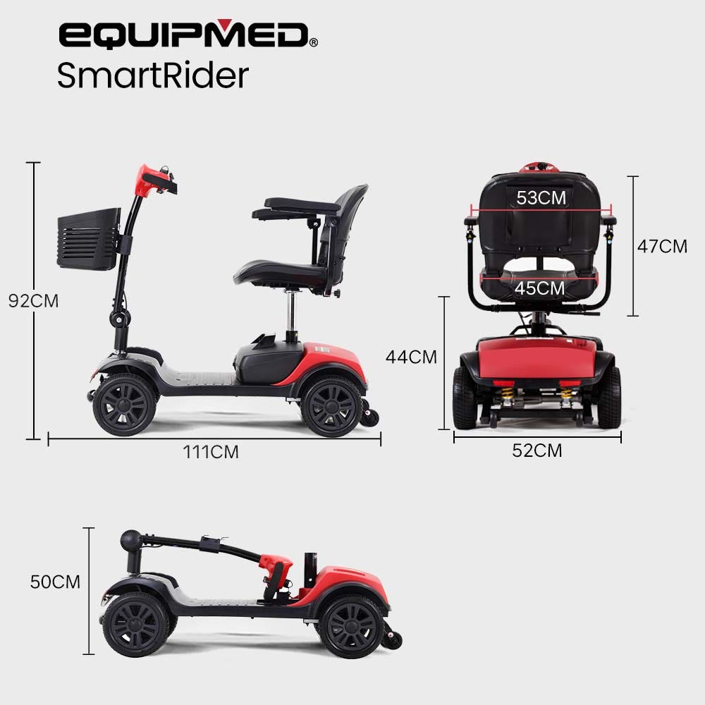 EQUIPMED สกู๊ตเตอร์ไฟฟ้าแบบพกพาพับได้สำหรับผู้สูงอายุ SmartRider สีดำและสีแดง