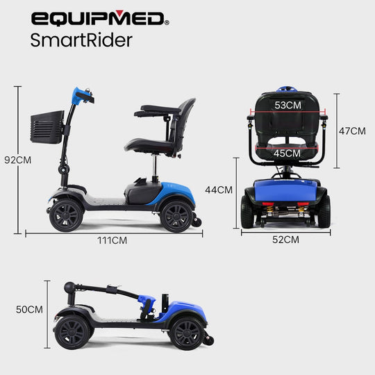 EQUIPMED สกู๊ตเตอร์ไฟฟ้าแบบพกพาพับได้สำหรับผู้สูงอายุ SmartRider สีดำและน้ำเงิน