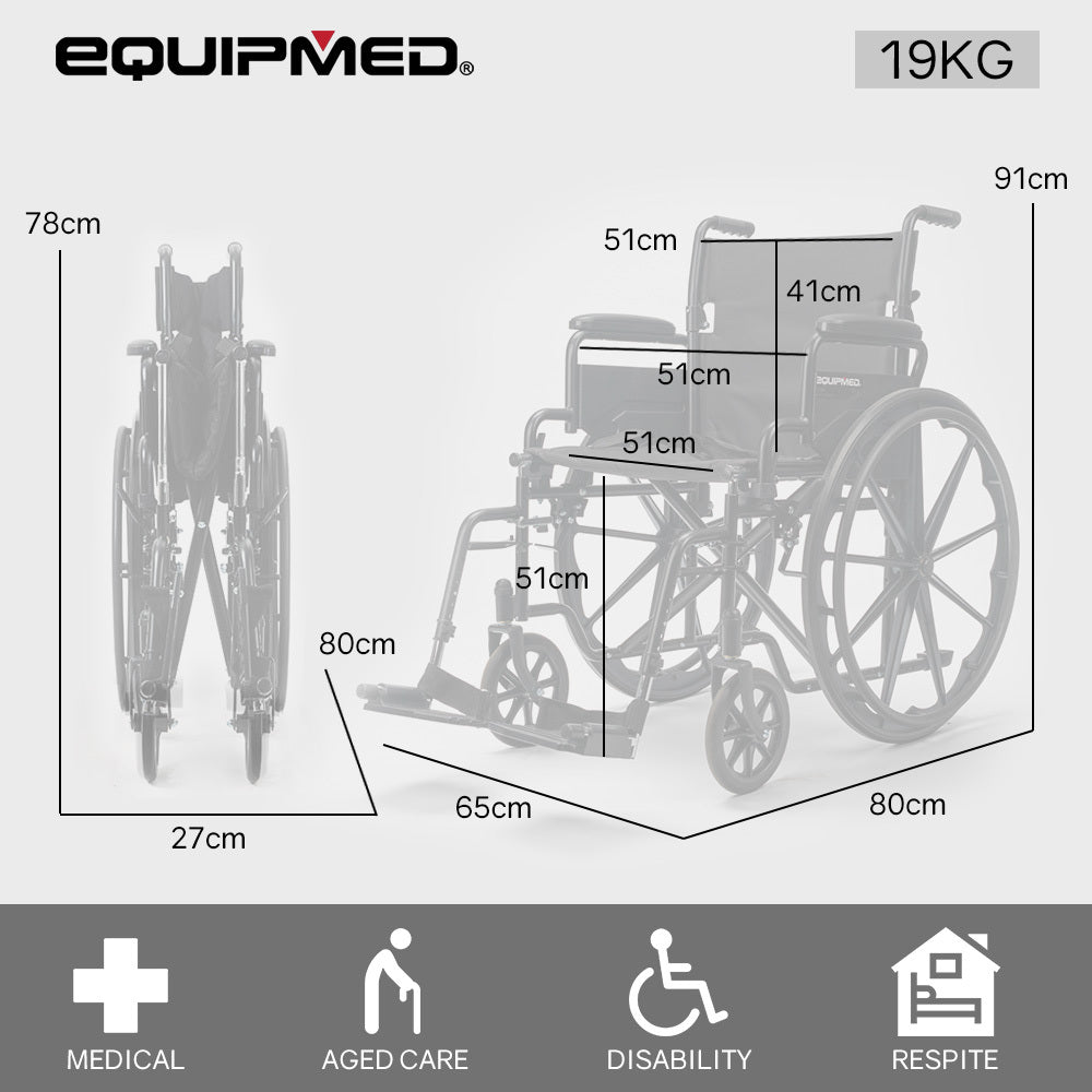 รถเข็นพับได้พร้อมเบรกจอดรถ ขนาด 24 นิ้ว พร้อมระบบ EQUIPMED รองรับน้ำหนักได้ 136 กก. ที่นั่งกว้าง 51 ซม. สีดำ