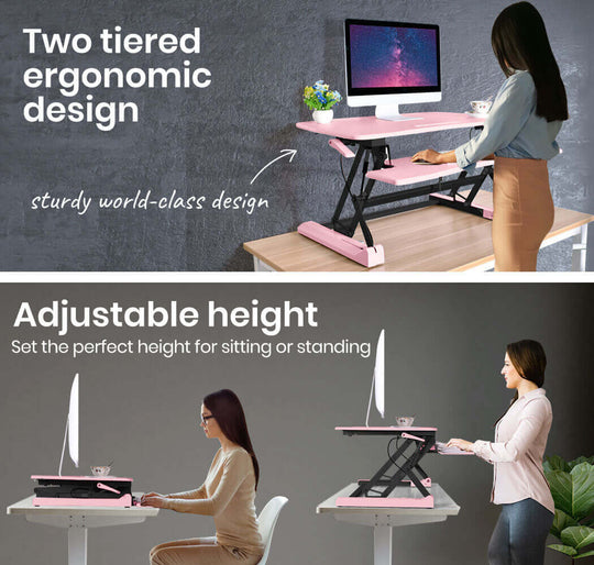 Fortia Desk Riser showcases adjustable height and two-tier ergonomic design in pink, ideal for dual monitor setups.