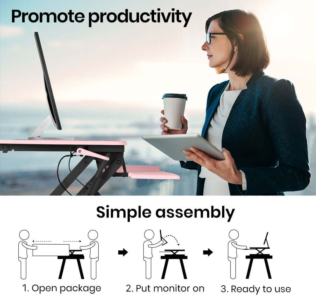 Woman promoting productivity using Fortia Desk Riser; assembly steps shown for easy setup.