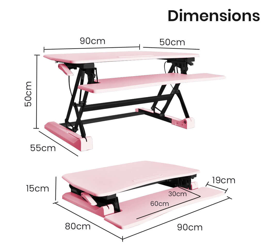 Dimensions of the Fortia Desk Riser, 90cm wide adjustable sit to stand workstation in pink, showing height and width details.