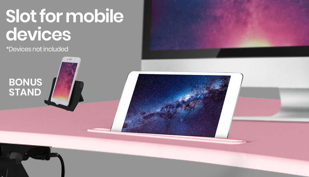 Slot for mobile devices and bonus stand on pink Fortia Desk Riser, enhancing workspace functionality.