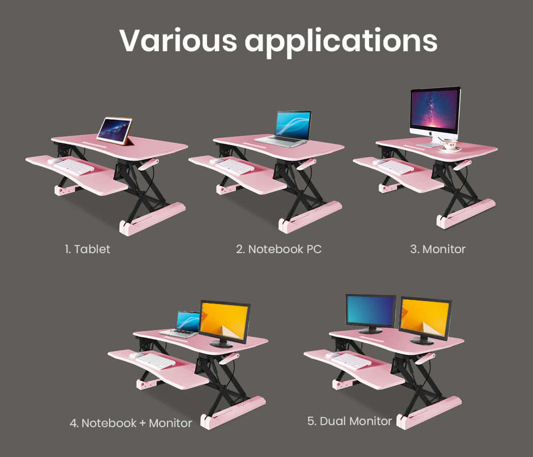 Fortia Desk Riser showing various applications for tablet, notebook, and dual monitors, showcasing its adjustable features.